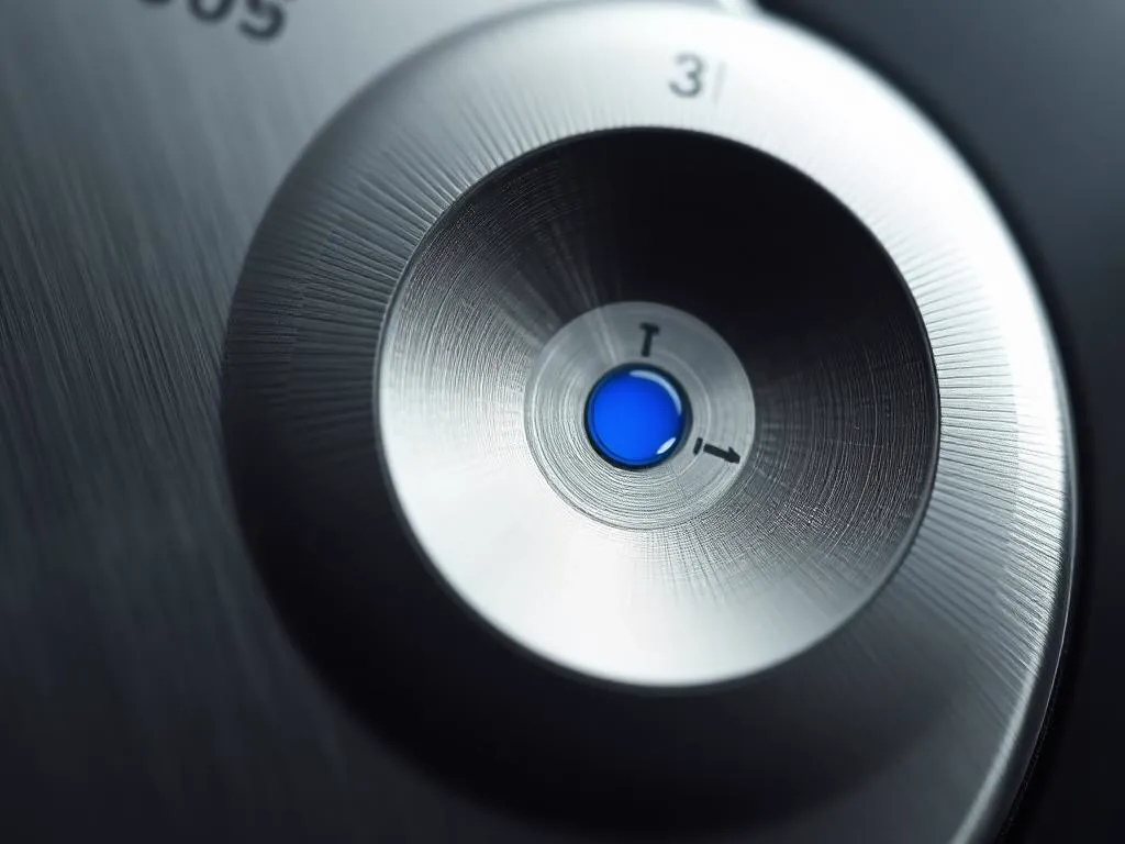 Macro photograph of a machined dial with a single cobalt indicator