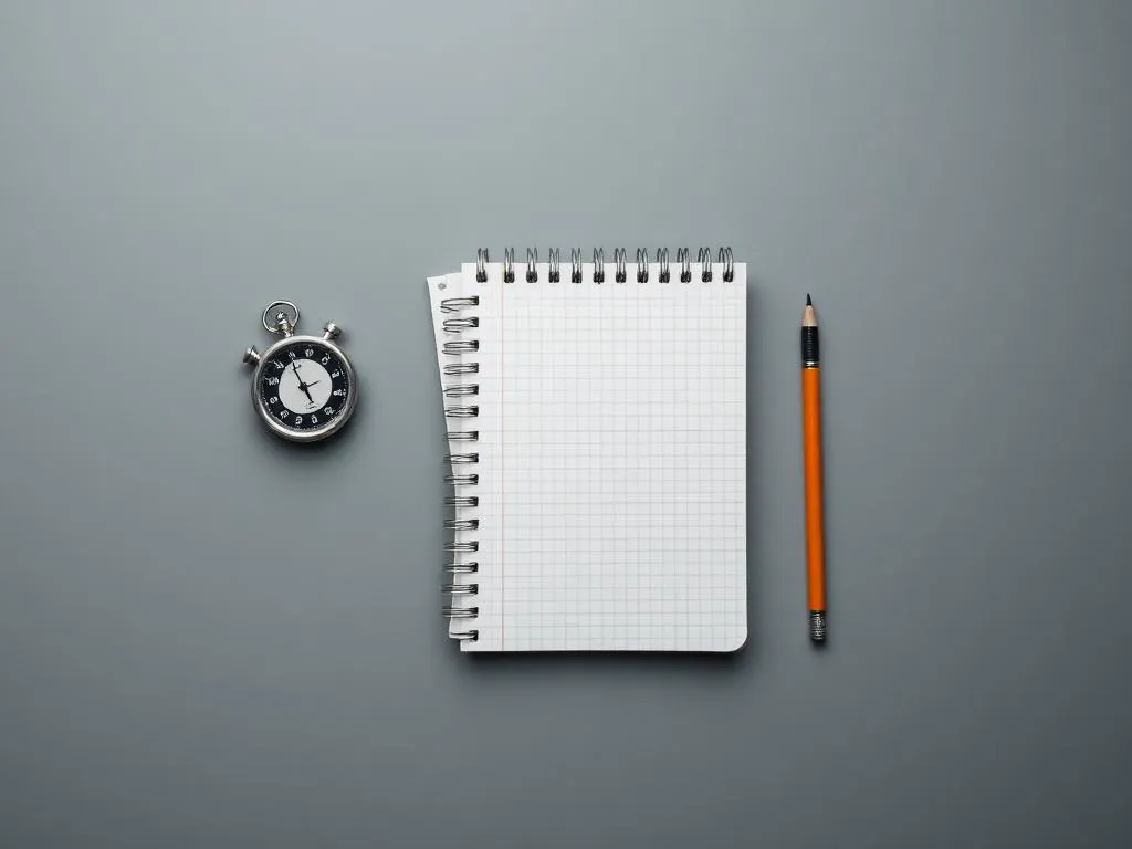 Overhead view of a stopwatch, grid notebook and pencil on a grey desk