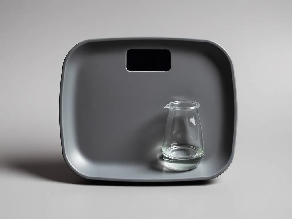 Matte grey scale plate with a small glass beaker under even studio light