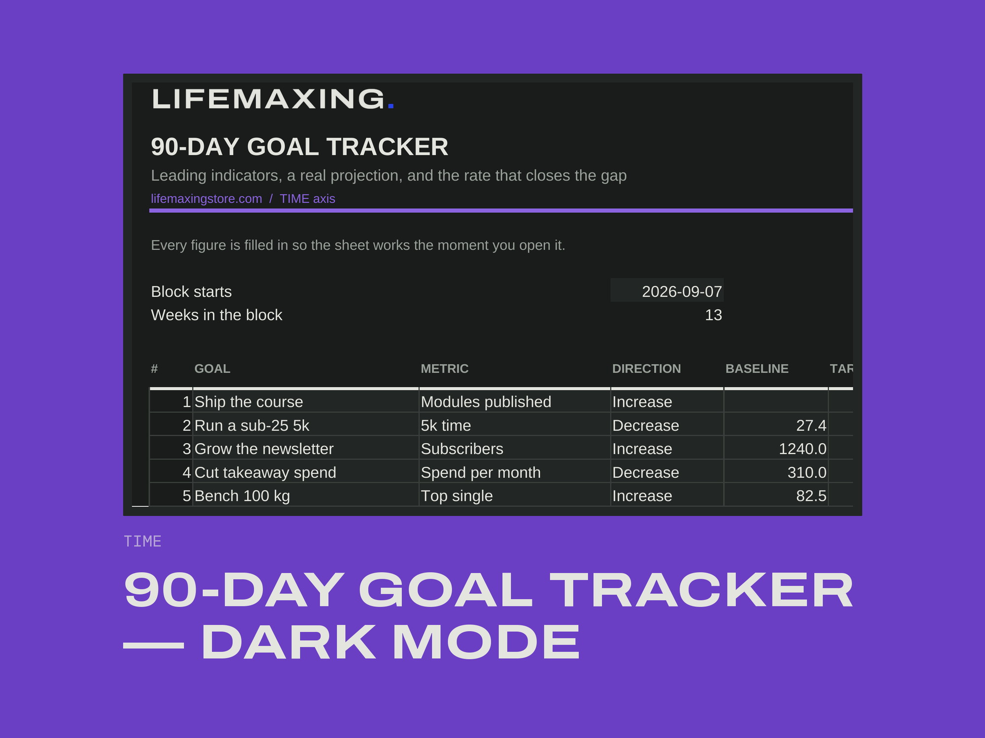 90-Day Goal Tracker — Dark Mode product photograph