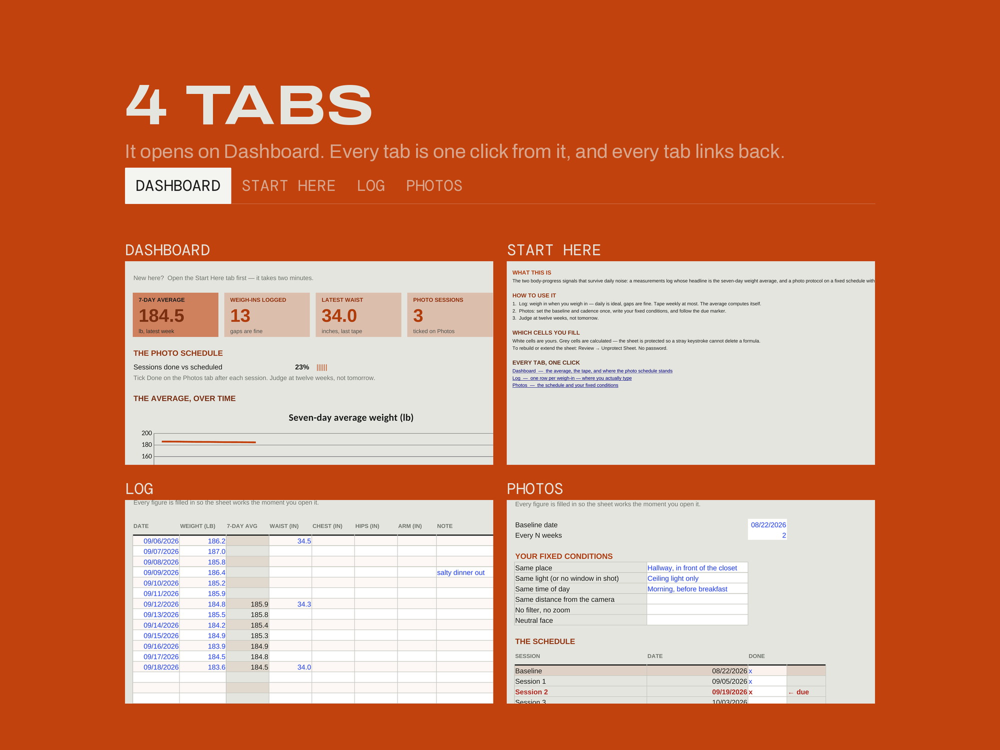 Measurements & Photo Progress Log — EVERY TAB