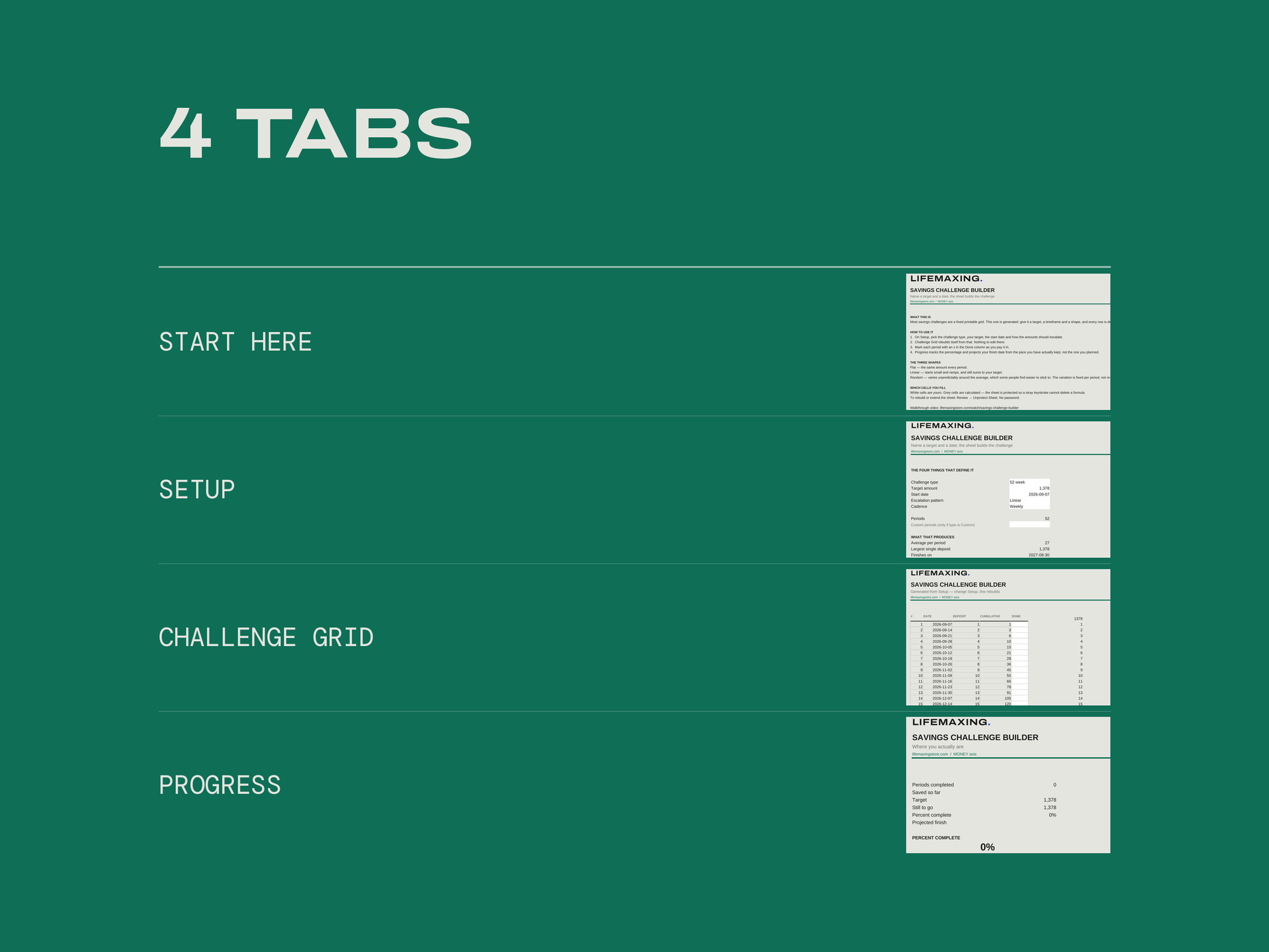 Savings Challenge Builder — EVERY TAB