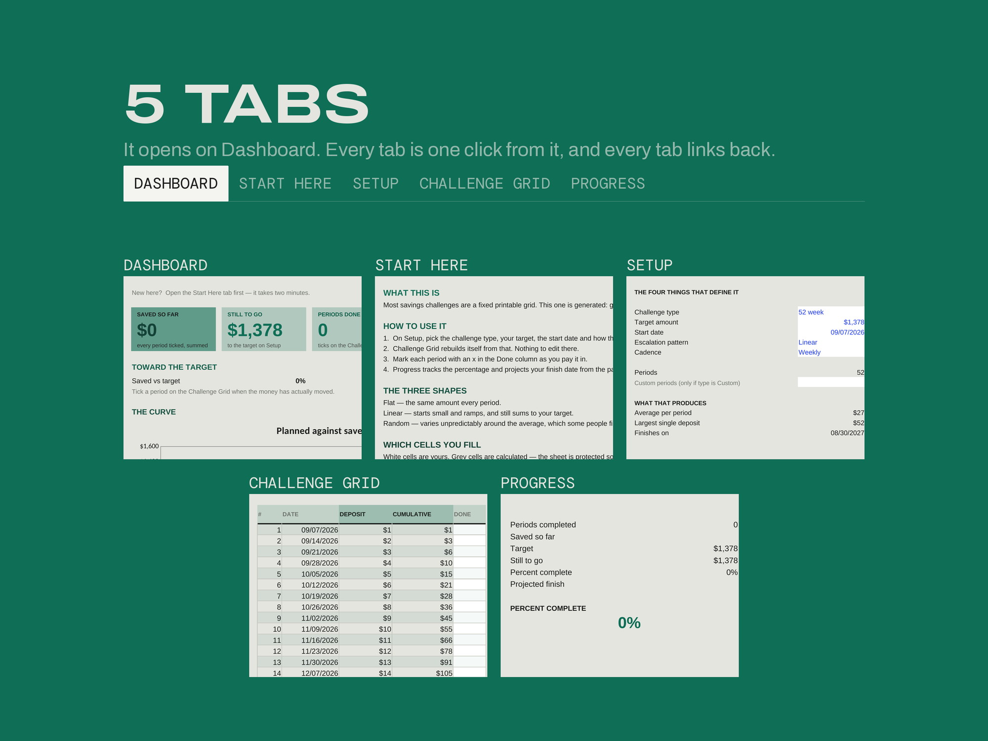 Savings Challenge Builder — EVERY TAB