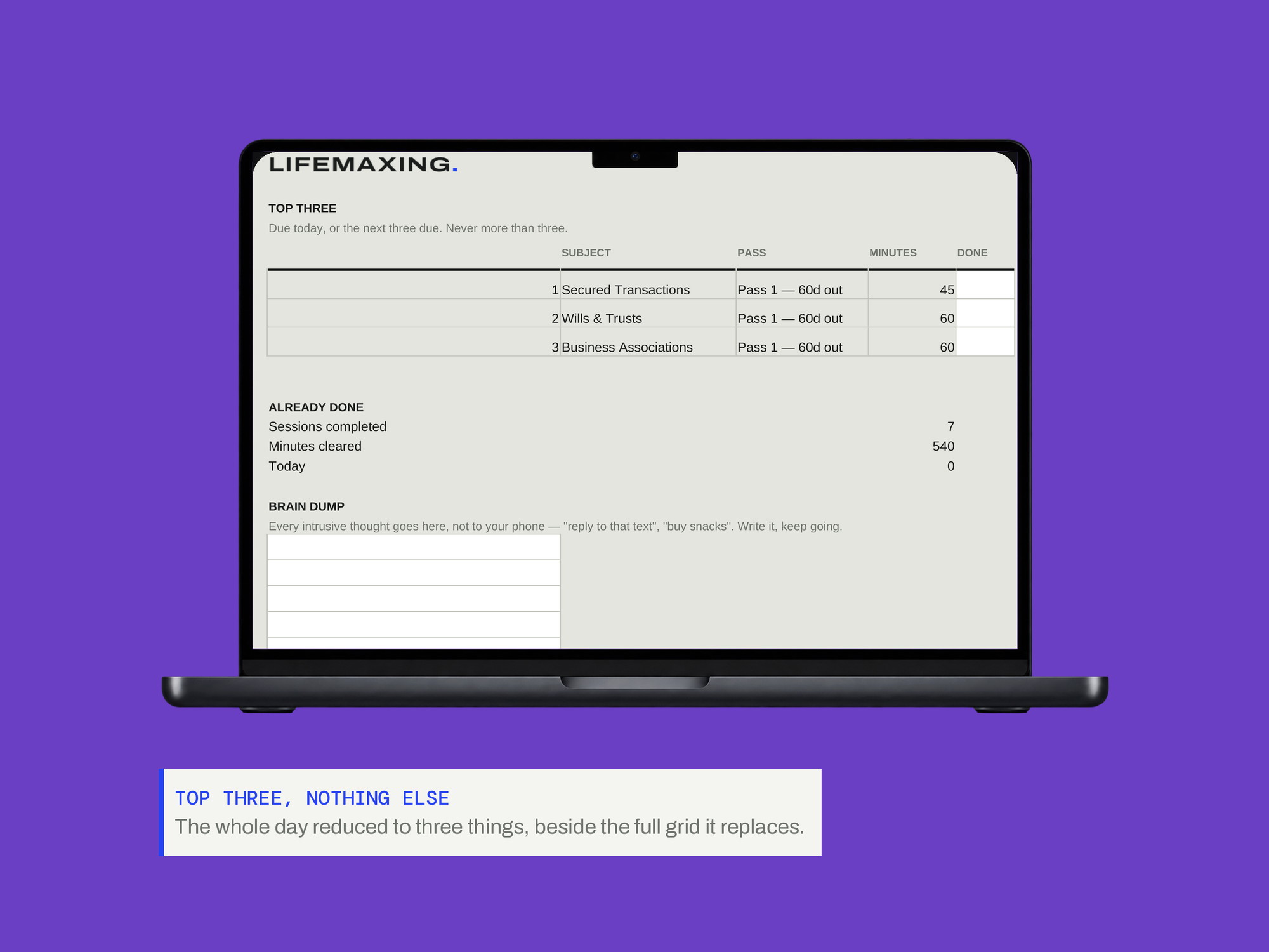 Study & Exam Planner — ADHD Edition — TOP THREE, NOTHING ELSE