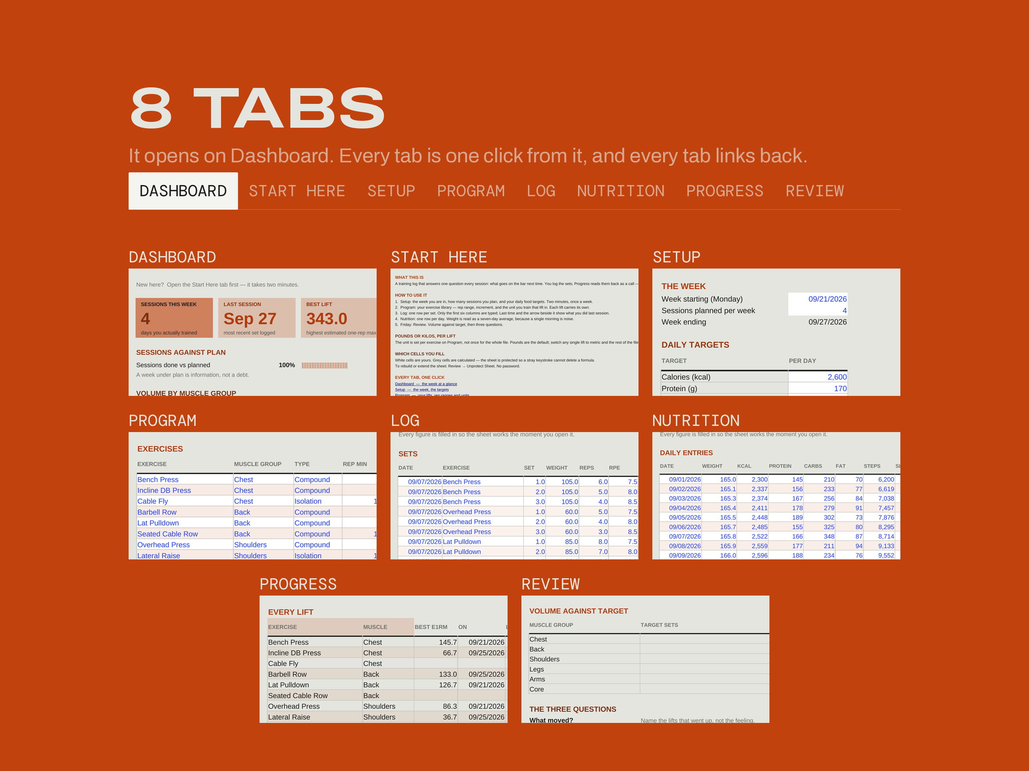 Training & Nutrition Log — EVERY TAB